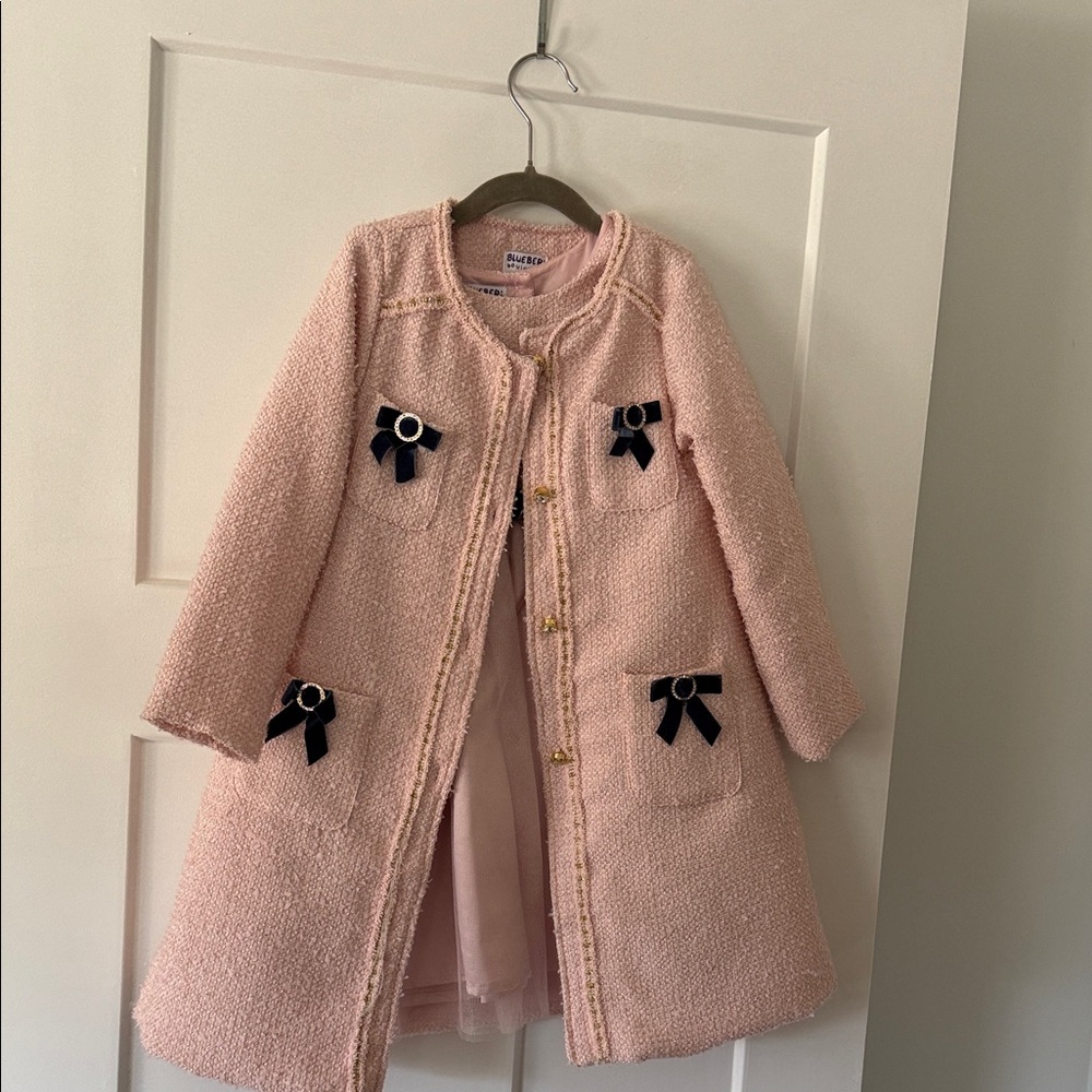 Blueberi Boulevard Blush Dress and Coat with Navy Bow Details
